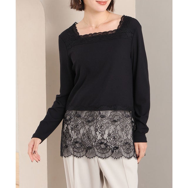 2wayレーストップス トップス カットソー 長袖 レース シアバター加工 2way スクエアネック Vネック ストレッチ レディース （ブラック）