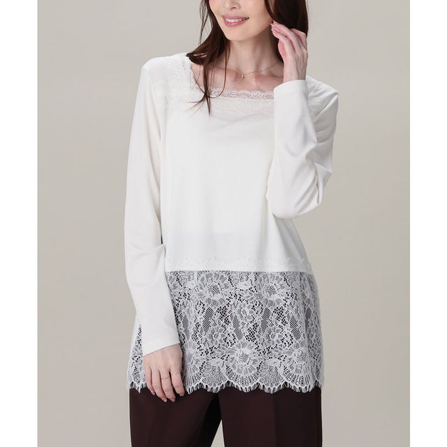 2wayレーストップス トップス カットソー 長袖 レース シアバター加工 2way スクエアネック Vネック ストレッチ レディース （アイボリー）