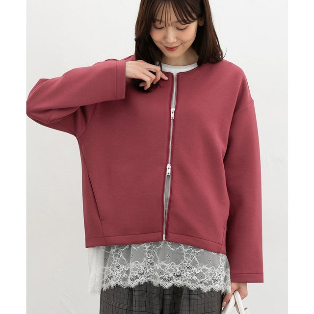 ダブルジップノーカラー トップス スウェット 長袖 ノーカラー ストレッチ ポケット ドロップショルダー 無地 レーヨン混 レディース （ボルドー）