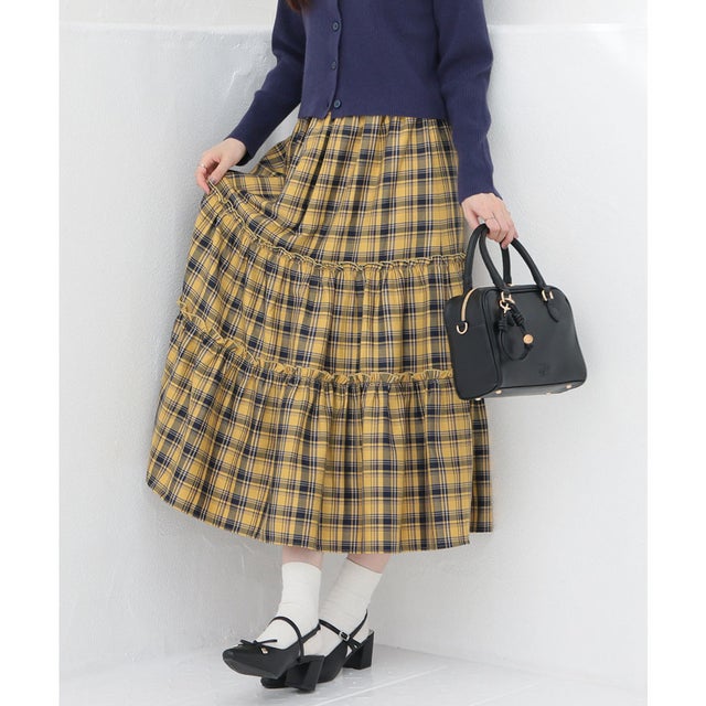 ロングティアードスカート ボトムス スカート ロングスカート ロング丈 ティアードスカート チェック柄 ストレッチ ツイル素材 レディース （イエローチェック）