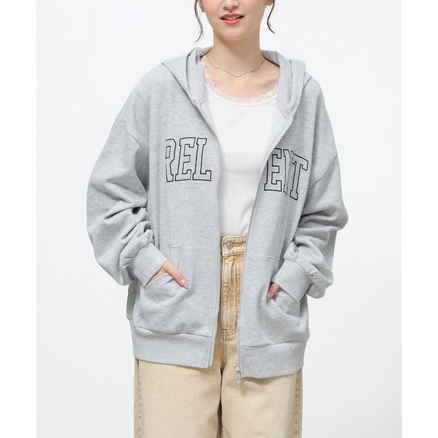 ロゴビッグジップパーカー トップス パーカー ジップパーカー ジップアップパーカー スウェット 長袖 オーバーサイズ ロゴ 刺繍 レディース （杢グレー）