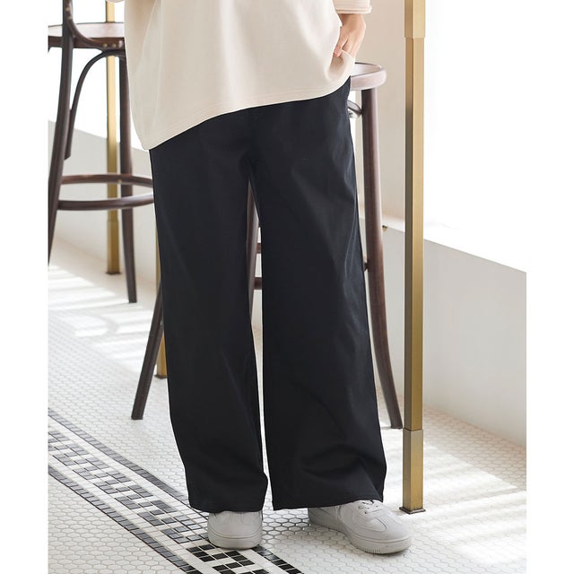 イージーストレート（股下66cm） ボトムス パンツ コットン 綿 大きいサイズ イージーパンツ ストレートパンツ ロングパンツ レディース （ブラック）