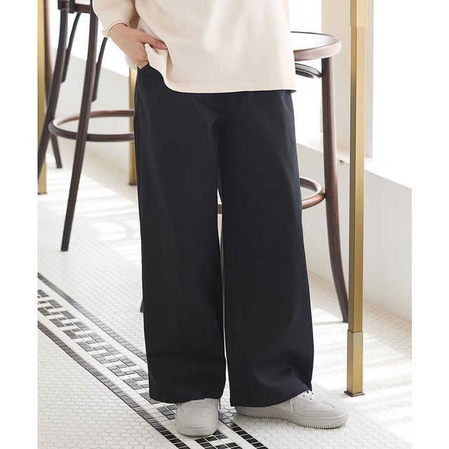 イージーストレート（股下63cm） ボトムス パンツ コットン 綿 大きいサイズ イージーパンツ ストレートパンツ ロングパンツ レディース （ブラック）