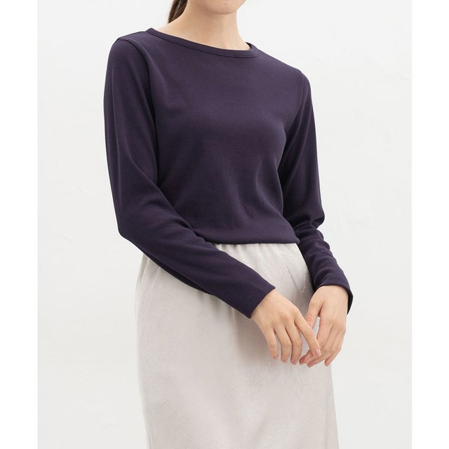 テレコボートネックT トップス Tシャツ ロンT 長袖Tシャツ カットソー 長袖 ボートネック ストレッチ テレコ素材 無地 レディース （パープル）