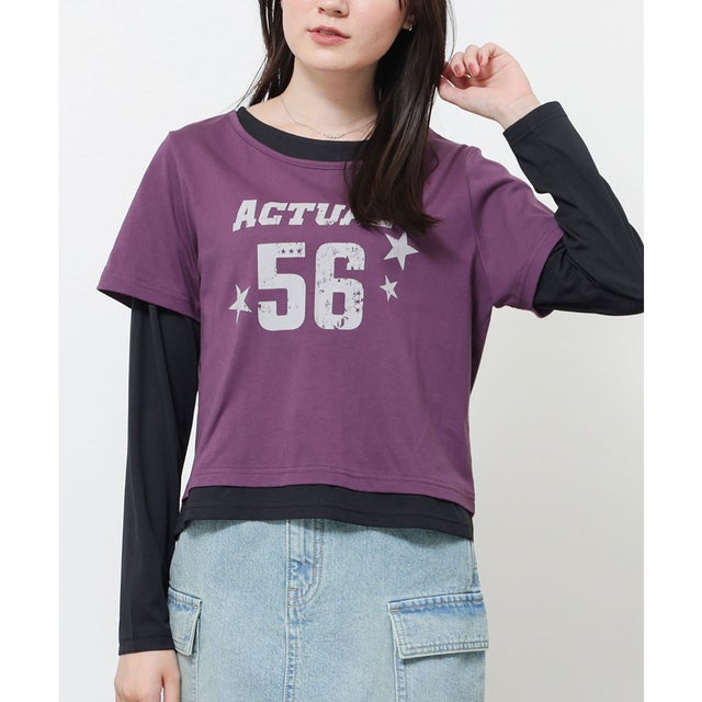 レイヤード風トップス トップス カットソー 長袖 コットン 綿 ロゴ 短め丈 USAコットン 綿100％ クルーネック 配色 レディース （パープル）
