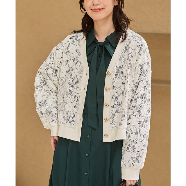 レースVネックカーデ トップス カーディガン 長袖 レース 花柄 Vネック ストレッチ ドロップショルダー フロントボタン レディース （アイボリー）