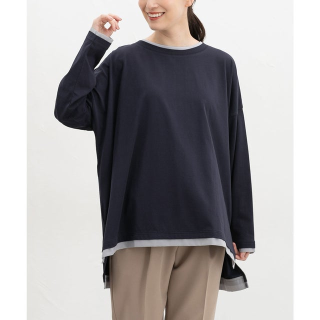 配色チュニックTシャツ トップス Tシャツ ロンT 長袖Tシャツ カットソー 長袖 チュニック 配色 フリーサイズ 綿混 レディース （ネイビー）