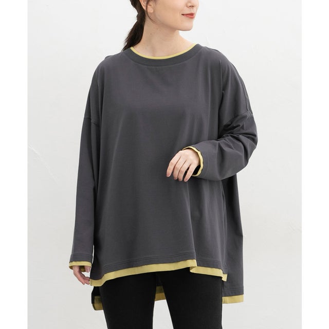 配色チュニックTシャツ トップス Tシャツ ロンT 長袖Tシャツ カットソー 長袖 チュニック 配色 フリーサイズ 綿混 レディース （スミクロ）