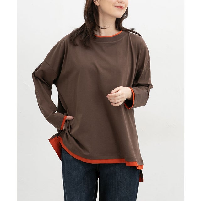 配色チュニックTシャツ トップス Tシャツ ロンT 長袖Tシャツ カットソー 長袖 チュニック 配色 フリーサイズ 綿混 レディース （ブラウン）