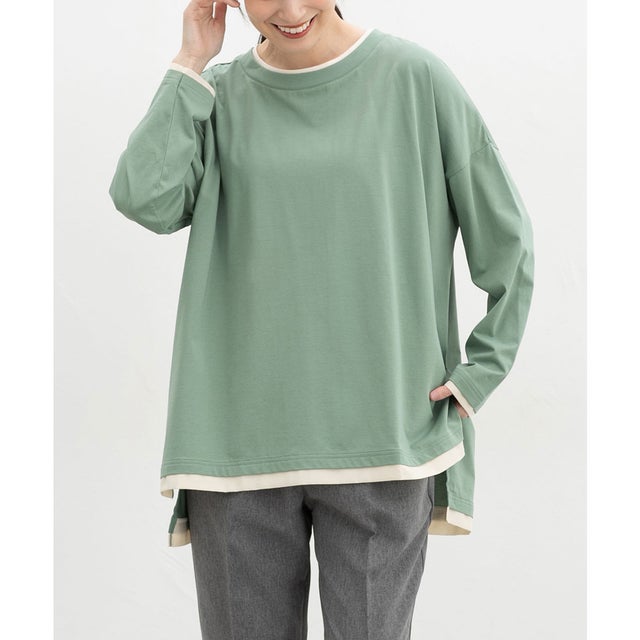 配色チュニックTシャツ トップス Tシャツ ロンT 長袖Tシャツ カットソー 長袖 チュニック 配色 フリーサイズ 綿混 レディース （グリーン）