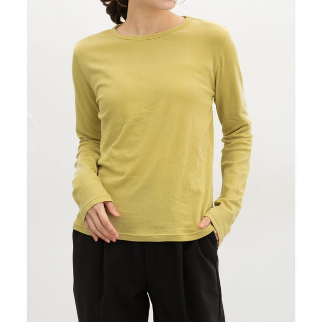 やわらか綿Tシャツ トップス Tシャツ ロンT 長袖Tシャツ カットソー 長袖 クルーネック 綿混 ガーゼ素材 無地 シンプル レディース （イエロー）