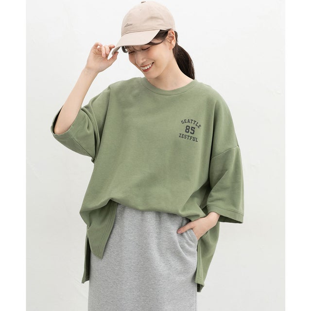 7分袖ロゴゆるチュニック トップス カットソー チュニック ゆったり フリーサイズ ロゴ 綿混 裏毛 クルーネック スリット レディース （グリーン）