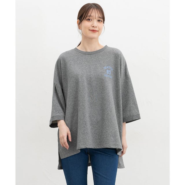 7分袖ロゴゆるチュニック トップス カットソー チュニック ゆったり フリーサイズ ロゴ 綿混 裏毛 クルーネック スリット レディース （杢チャコール）