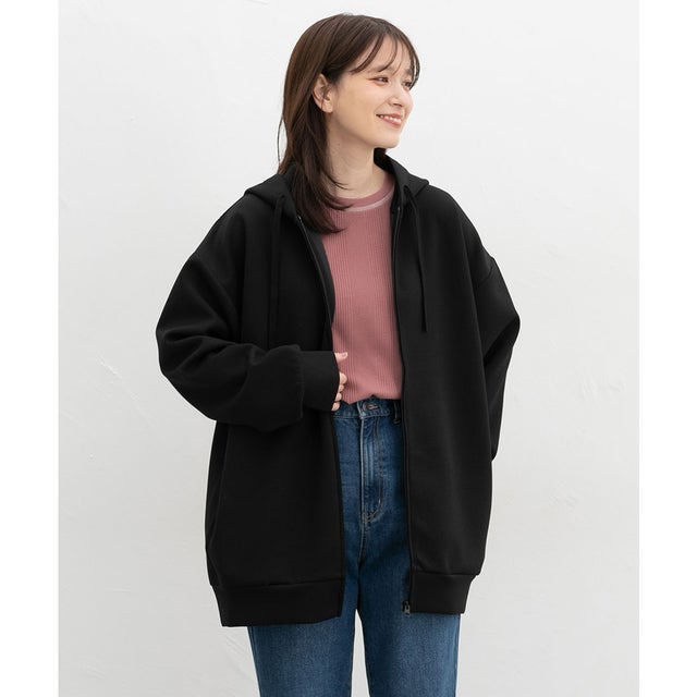 ゆるロングパーカー トップス パーカー ジップパーカー ジップアップパーカー スウェット 長袖 ゆったり フリーサイズ ストレッチ レディース （ブラック）