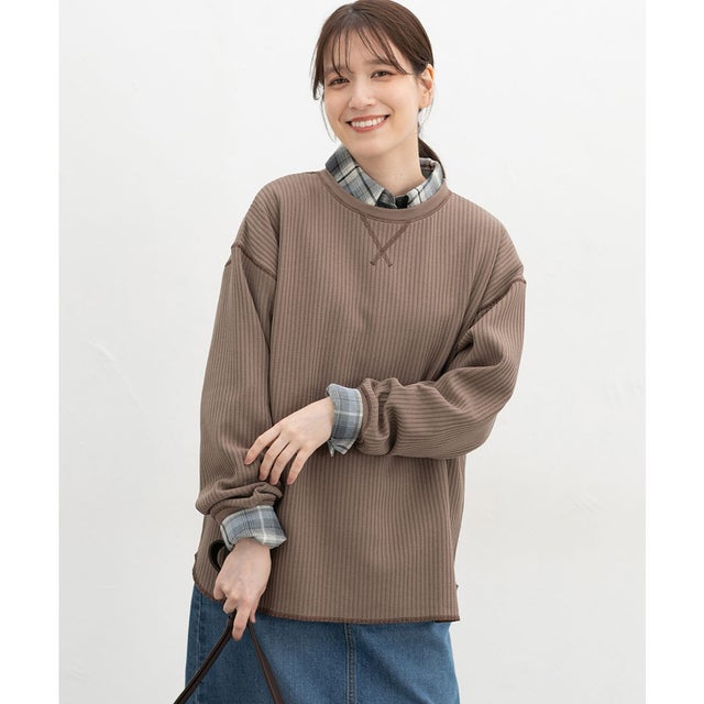 ワッフル配色ステッチT トップス Tシャツ ロンT 長袖Tシャツ カットソー 長袖 クルーネック 綿混 ワッフル素材 配色 無地 レディース （モカ）