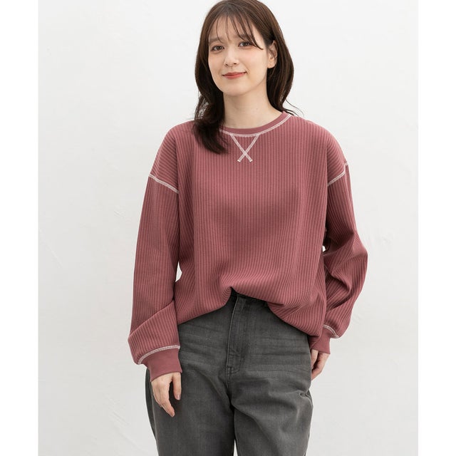 ワッフル配色ステッチT トップス Tシャツ ロンT 長袖Tシャツ カットソー 長袖 クルーネック 綿混 ワッフル素材 配色 無地 レディース （ダークピンク）