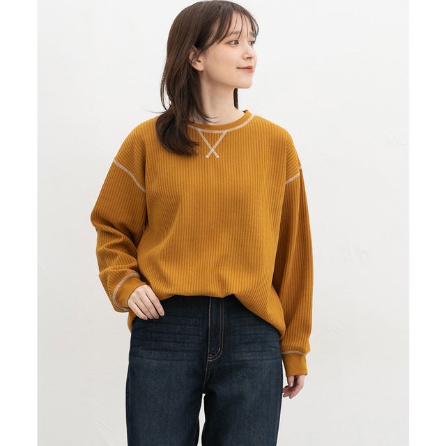ワッフル配色ステッチT トップス Tシャツ ロンT 長袖Tシャツ カットソー 長袖 クルーネック 綿混 ワッフル素材 配色 無地 レディース （マスタード）