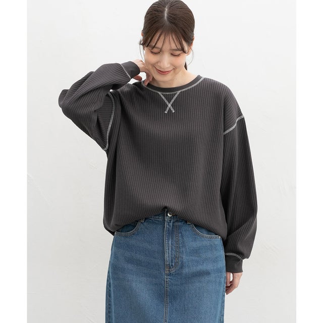ワッフル配色ステッチT トップス Tシャツ ロンT 長袖Tシャツ カットソー 長袖 クルーネック 綿混 ワッフル素材 配色 無地 レディース （スミクロ）