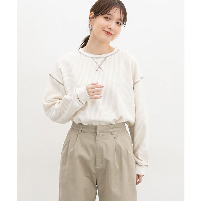 ワッフル配色ステッチT トップス Tシャツ ロンT 長袖Tシャツ カットソー 長袖 クルーネック 綿混 ワッフル素材 配色 無地 レディース （アイボリー）