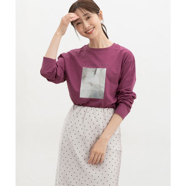 フォトプリントTシャツ トップス Tシャツ ロンT 長袖Tシャツ カットソー 長袖 コットン 綿 フォトプリントTシャツ レディース （ピンクパープル）