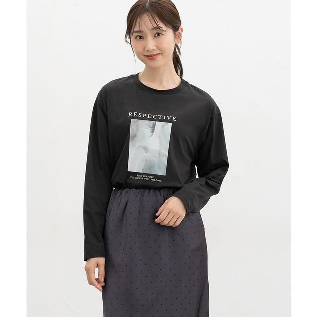 フォトプリントTシャツ トップス Tシャツ ロンT 長袖Tシャツ カットソー 長袖 コットン 綿 フォトプリントTシャツ レディース （スミクロ）