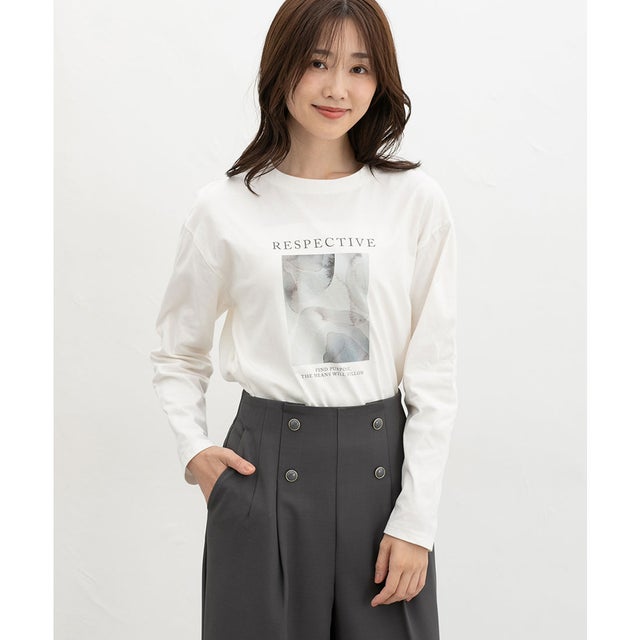 フォトプリントTシャツ トップス Tシャツ ロンT 長袖Tシャツ カットソー 長袖 コットン 綿 フォトプリントTシャツ レディース （アイボリー）