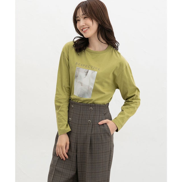 フォトプリントTシャツ トップス Tシャツ ロンT 長袖Tシャツ カットソー 長袖 コットン 綿 フォトプリントTシャツ レディース （ライム）