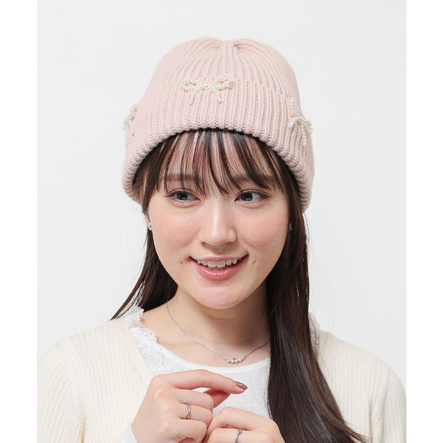 リボン付ニット帽 帽子 ニット帽 リボン付き リブ編み 手洗い フェイクパール ガーリー 冬 黒 ぼうし にっとぼう レディース （ピンク）