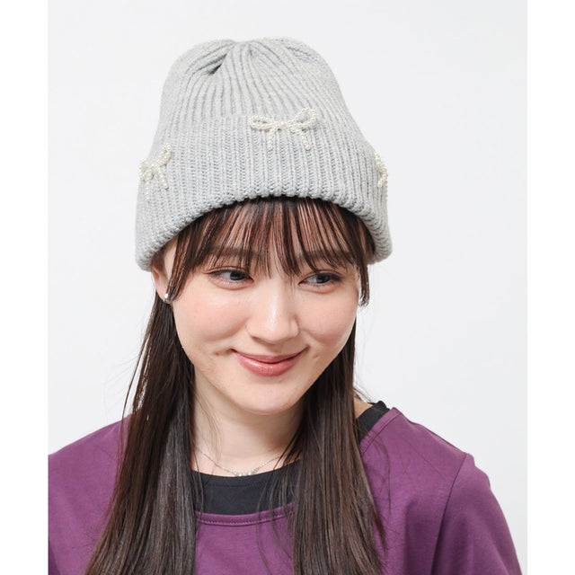 リボン付ニット帽 帽子 ニット帽 リボン付き リブ編み 手洗い フェイクパール ガーリー 冬 黒 ぼうし にっとぼう レディース （杢グレー）