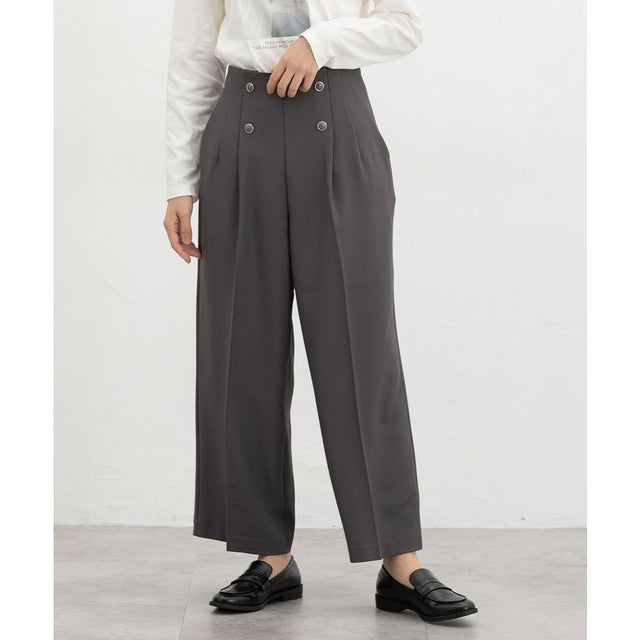 釦付ワイドストレート ボトムス パンツ 大きいサイズ オフィス きれいめ ワイドパンツ ストレートパンツ ロングパンツ レディース （杢チャコール）