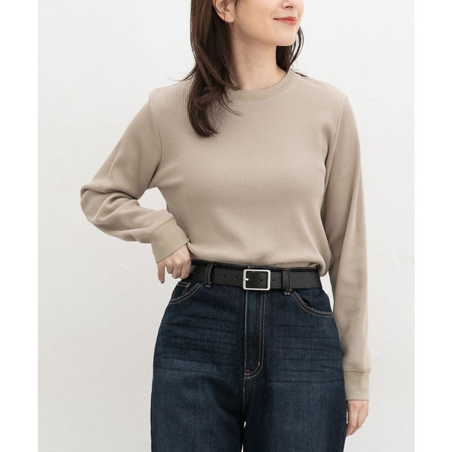 ワッフルTシャツ トップス Tシャツ ロンT 長袖Tシャツ カットソー 長袖 クルーネック 綿混 ワッフル素材 無地 カジュアル レディース （ベージュ）