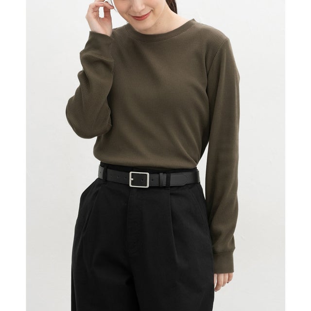 ワッフルTシャツ トップス Tシャツ ロンT 長袖Tシャツ カットソー 長袖 クルーネック 綿混 ワッフル素材 無地 カジュアル レディース （カーキ）