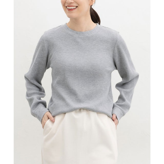 ワッフルTシャツ トップス Tシャツ ロンT 長袖Tシャツ カットソー 長袖 クルーネック 綿混 ワッフル素材 無地 カジュアル レディース （杢グレー）