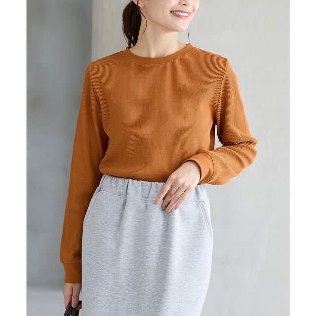 ワッフルTシャツ トップス Tシャツ ロンT 長袖Tシャツ カットソー 長袖 クルーネック 綿混 ワッフル素材 無地 カジュアル レディース （キャメル）