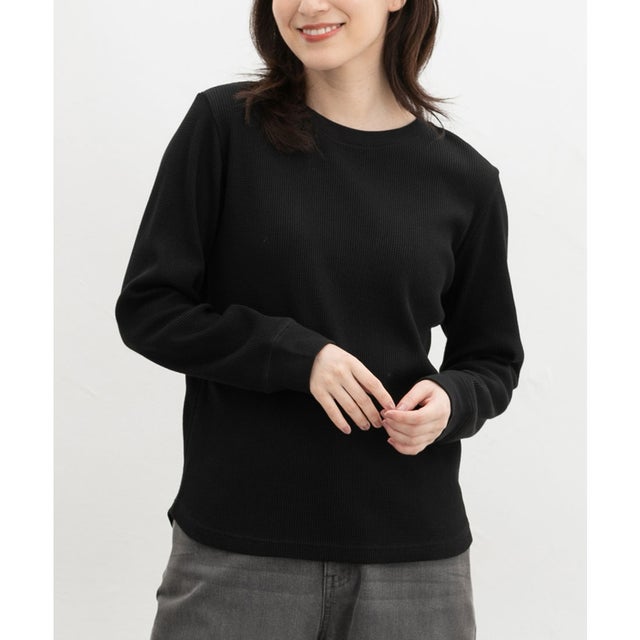 ワッフルTシャツ トップス Tシャツ ロンT 長袖Tシャツ カットソー 長袖 クルーネック 綿混 ワッフル素材 無地 カジュアル レディース （ブラック）