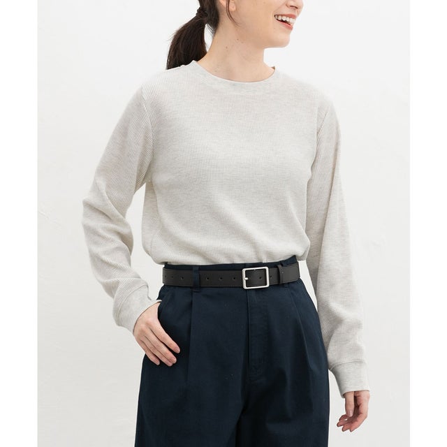 ワッフルTシャツ トップス Tシャツ ロンT 長袖Tシャツ カットソー 長袖 クルーネック 綿混 ワッフル素材 無地 カジュアル レディース （オートミール）