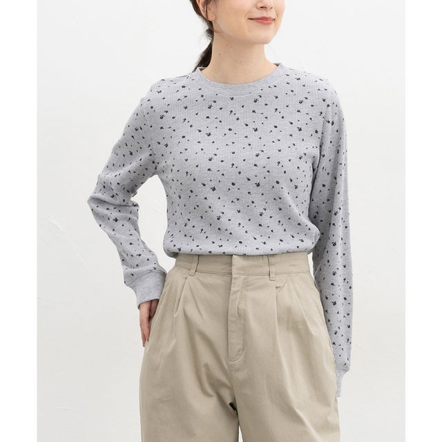 総柄ワッフルTシャツ トップス Tシャツ ロンT 長袖Tシャツ カットソー 長袖 クルーネック 綿混 ワッフル素材 ボーダー柄 花柄 レディース （グレー花柄）