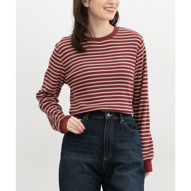 総柄ワッフルTシャツ トップス Tシャツ ロンT 長袖Tシャツ カットソー 長袖 クルーネック 綿混 ワッフル素材 ボーダー柄 花柄 レディース （アカ×ベージュ）