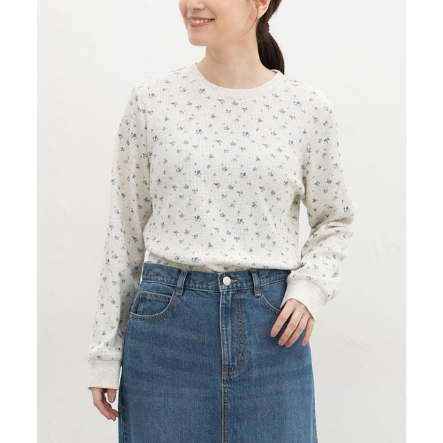 総柄ワッフルTシャツ トップス Tシャツ ロンT 長袖Tシャツ カットソー 長袖 クルーネック 綿混 ワッフル素材 ボーダー柄 花柄 レディース （ブルー花柄）