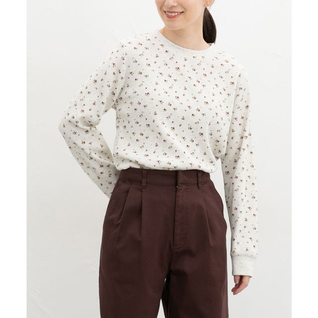 総柄ワッフルTシャツ トップス Tシャツ ロンT 長袖Tシャツ カットソー 長袖 クルーネック 綿混 ワッフル素材 ボーダー柄 花柄 レディース （アカ花柄）