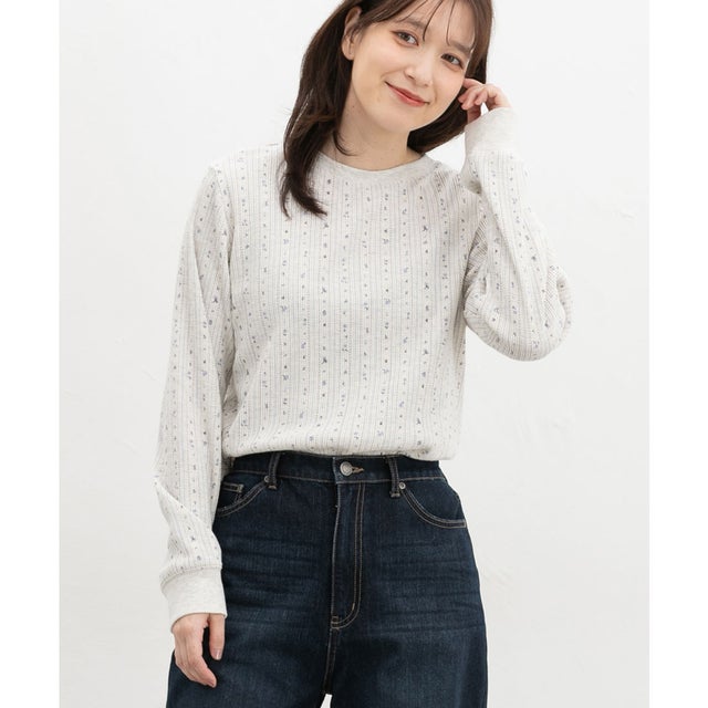 総柄ワッフルTシャツ トップス Tシャツ ロンT 長袖Tシャツ カットソー 長袖 クルーネック 綿混 ワッフル素材 ボーダー柄 花柄 レディース （オートミール花柄）