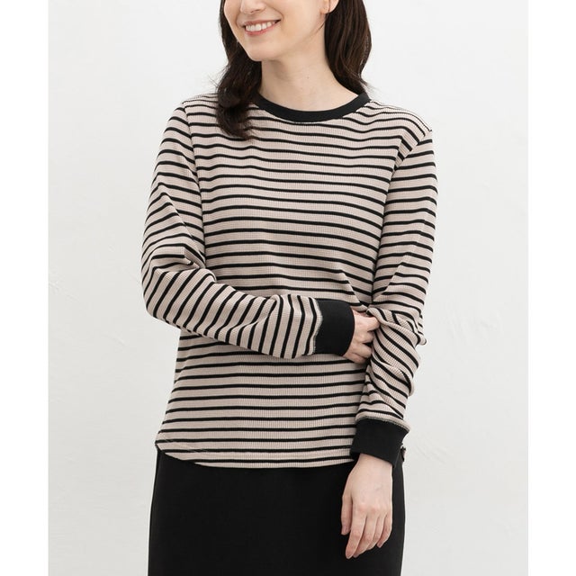 総柄ワッフルTシャツ トップス Tシャツ ロンT 長袖Tシャツ カットソー 長袖 クルーネック 綿混 ワッフル素材 ボーダー柄 花柄 レディース （ベージュ×クロ）