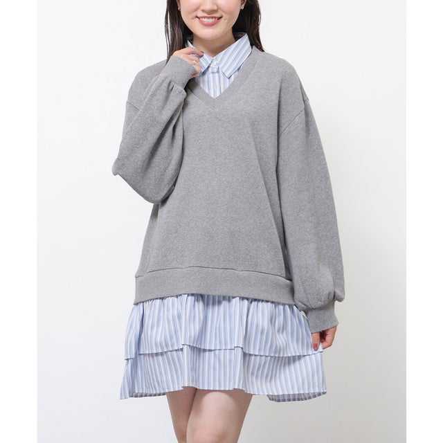レイヤード風ワンピース ワンピース 長袖 ミニ丈 ドッキングワンピース 重ね着風 フリル 裏毛 綿混 無地 ストライプ柄 ガーリー レディース （杢グレー）