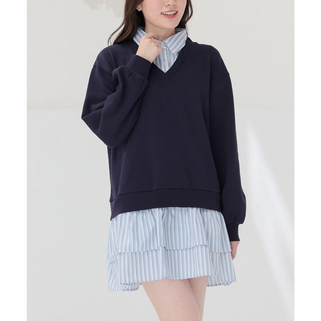 レイヤード風ワンピース ワンピース 長袖 ミニ丈 ドッキングワンピース 重ね着風 フリル 裏毛 綿混 無地 ストライプ柄 ガーリー レディース （ネイビー）