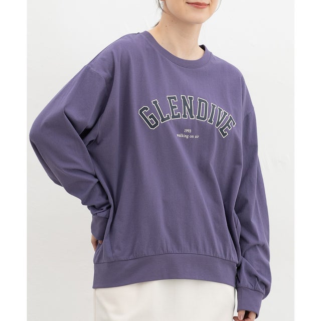 ロゴゆるスウェットT トップス Tシャツ ロンT 長袖Tシャツ カットソー 長袖 Fサイズ ロゴ 綿100％ クルーネック シンプル レディース （パープル）