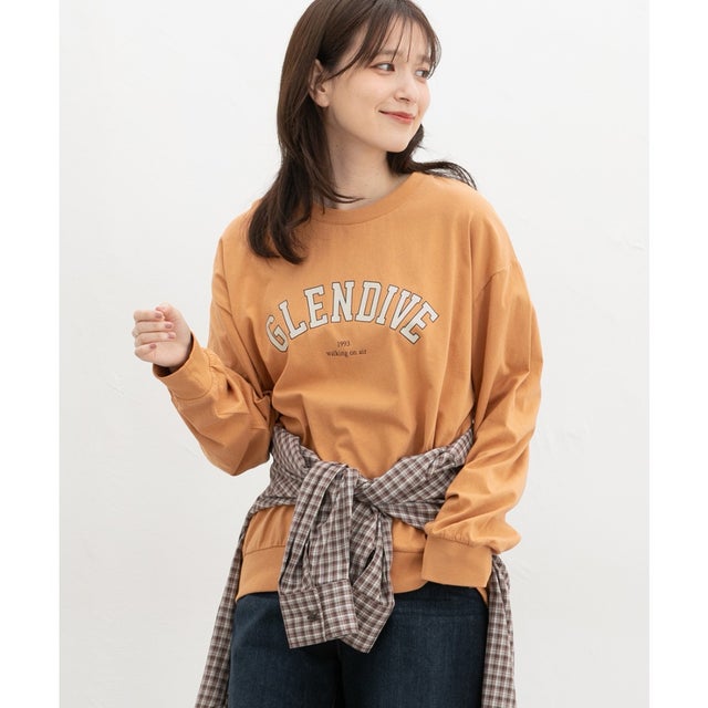 ロゴゆるスウェットT トップス Tシャツ ロンT 長袖Tシャツ カットソー 長袖 Fサイズ ロゴ 綿100％ クルーネック シンプル レディース （キャメル）