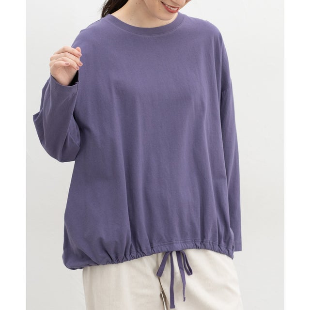 裾ドロストゆるTシャツ トップス Tシャツ ロンT 長袖Tシャツ カットソー 長袖 Fサイズ ドロスト 綿100％ 無地 レディース （パープル）