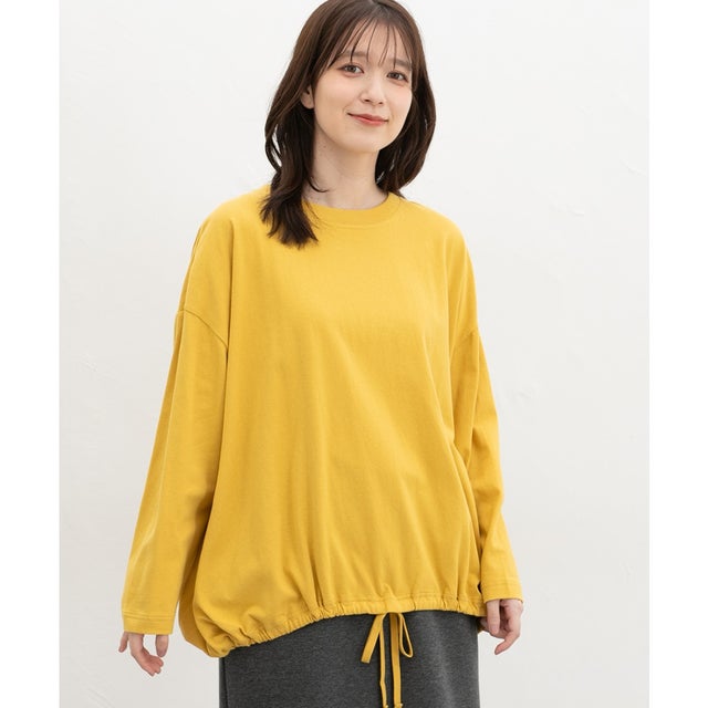 裾ドロストゆるTシャツ トップス Tシャツ ロンT 長袖Tシャツ カットソー 長袖 Fサイズ ドロスト 綿100％ 無地 レディース （イエロー）