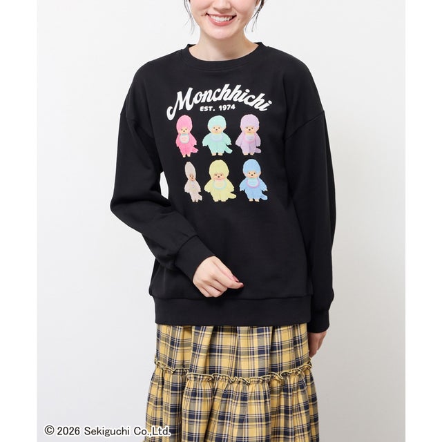 モンチッチ／ゆるトップス トップス スウェット 長袖 大きいサイズ モンチッチ キャラクター プリント 綿100％ 裏毛 レディース （ブラック）