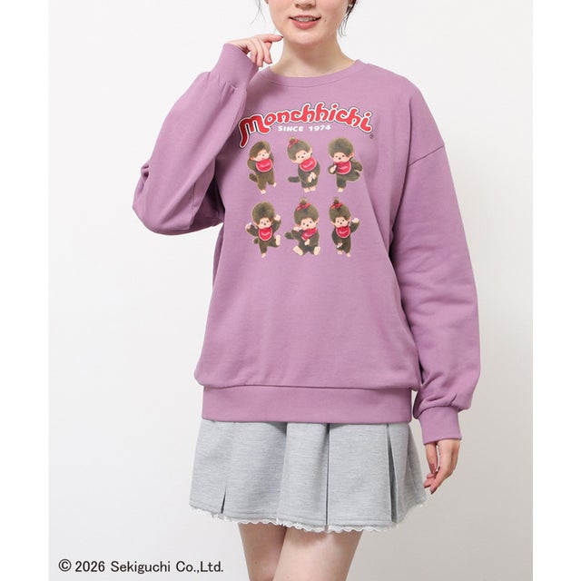 モンチッチ／ゆるトップス トップス スウェット 長袖 大きいサイズ モンチッチ キャラクター プリント 綿100％ 裏毛 レディース （パープル）